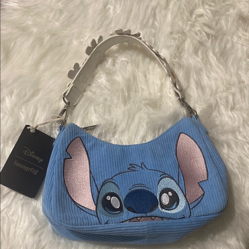 Disney Loungefly Blue Stitch Corduroy Shoulder Bag with Pink Ear Accents
